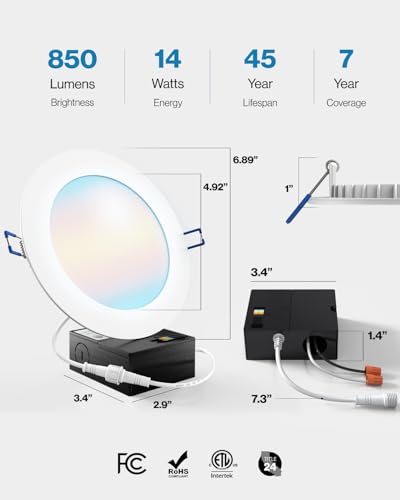 Sunco 48 Pack 6 Inch LED Recessed Light, Canless Ceiling Lights Slim with Junction Box, 850 LM, 14W (100W Equivalent), Selectable CCT 2700K/3000K/4000K/5000K/6000K, Dimmable, Wafer Thin ETL