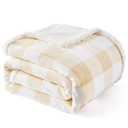 Touchat Sherpa Buffalo Plaid Throw Blanket, Fuzzy Fluffy Soft Cozy Blanket, Fleece Flannel Plush Microfiber Blanket for Couch Bed Sofa(60" X 70", Beige)