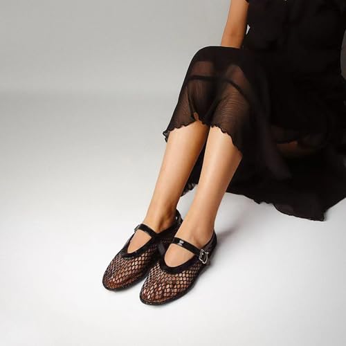 DOEYG Mesh Ballet Flats for Women Round Toe Mesh Flats Ballet Shoes Buckle Strap Mesh Mary Jane Flats Comfy Casual Office Summer Fishnet Ballerina Flats Shoes Gold