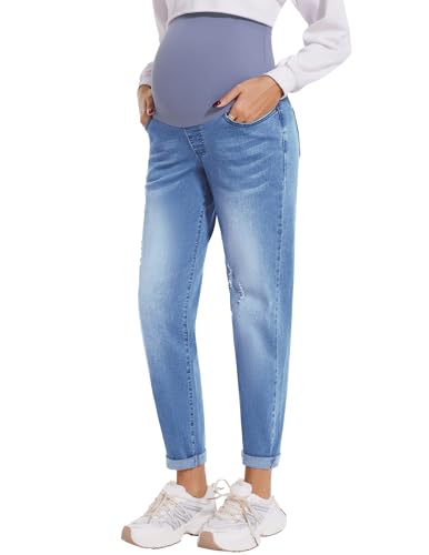 POSHGLAM Women's Maternity Jeans Over Belly Comfy Stretch Boyfriend Jeans Denim Pregnancy Pants(Light Blue, Small)