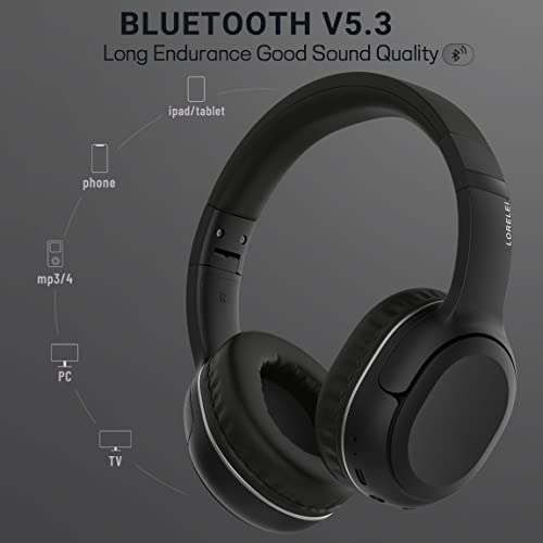 LORELEI B-C5 Wireless Headphones Bluetooth On-Ear Headset Bulit in microphone, 30H Playtime,BT 5.3 Lightweght Foldable Headphones for Tablet/Ipad/Travel/Kids/Teens/Adult (Space Black)