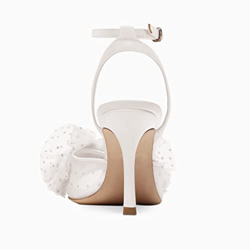 Coutgo Womens Bow Tie Heels Sandals Slingback Peep Toe Wedding Heels Mesh High Stiletto Heel Summer Cute Wedding Bridal Shoes White