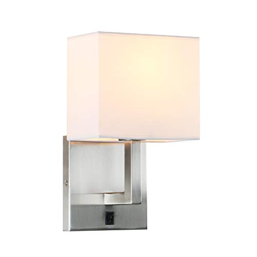 PERMO Single Wall Sconce Light Fixture Brushed Finish with White Textile Shades and On/Off Switch Button Small Modern Nightstand Lamps for Bedrooms Bedside Reading