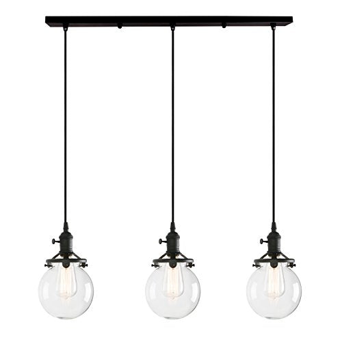 PERMO Vintage Rustic Industrial 3-Lights Kitchen Island Chandelier Triple 3 Heads Pendant Hanging Ceiling Lighting Fixture with Mini 5.9" Round Clear Glass Globe Shade (Black)