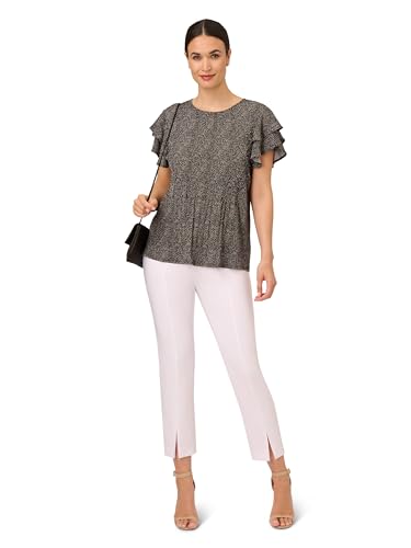 Adrianna Papell Women's Pleated Knit Double Sleeve TOP, Ivory/Black Micro Dot, Medium