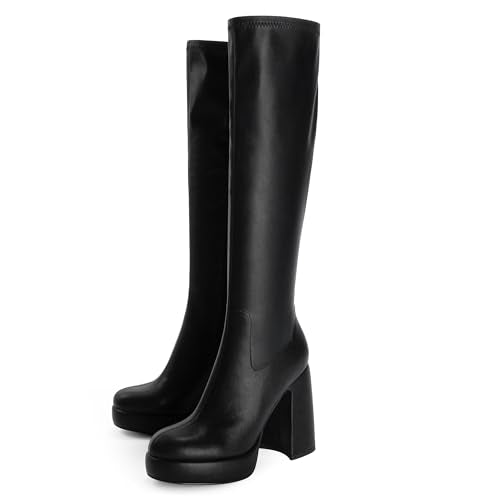 Modatope Knee High Boots for Women Platform Black Boots Womens Platform Chunky Heel Boots Women High Heel Rounded Toe Side Zipper Tall Boots Size 6.5