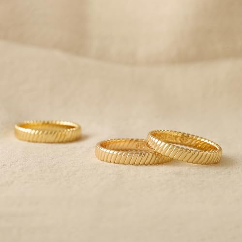GNIRTSI Gold Flat Ribbed Ring for Women 14K Gold Plated Minimalist Stack 4MM Wide Band Finger Jewelry Size 6
