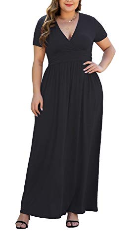 HAOMEILI Women's Short Sleeve Floral Print V Neck Loose Plain Maxi Dresses Casual Long Dresses with Pockets Blue 2XL