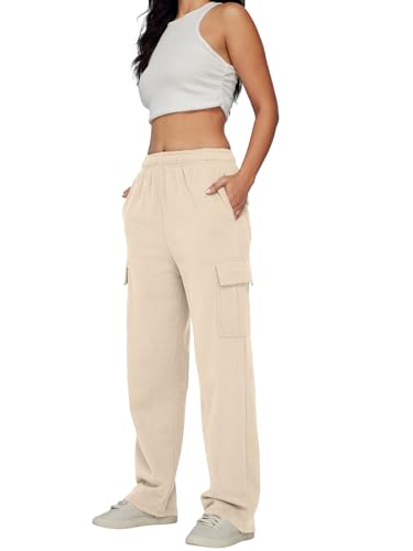 Trendy Queen Womens Drawstring Cargo Sweatpants Casual Fleece Wide Leg Cotton Joggers Sweatpants Sports Lounge Trousers White