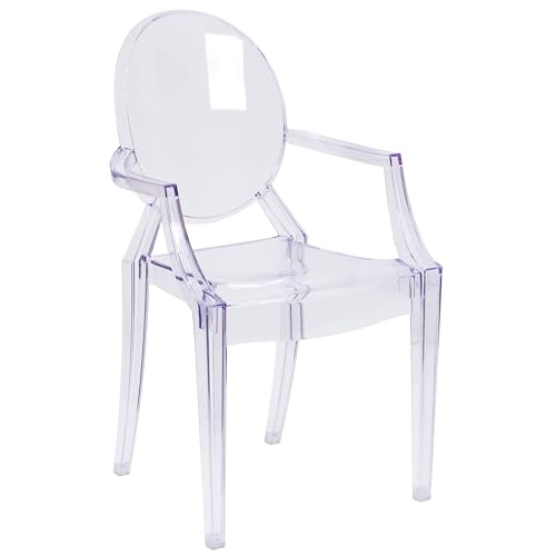 Flash Furniture Indoor/Outdoor Ghost Accent and Dining Chair with Curved Arms and Contoured Seat, Stackable Restaurant Chair, Transparent Crystal