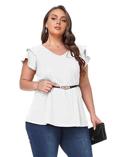 LARACE Summer T-Shirts for Women Short Ruff Sleeve Shirts Plus Size V Neck Blouses Tops Oversize Tee(Medium,R-Fushia)