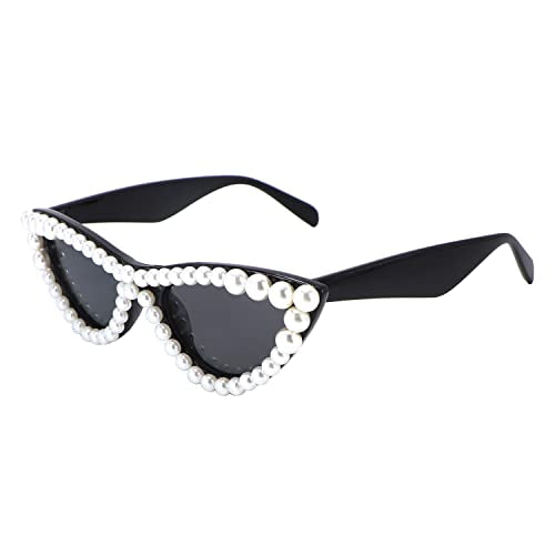 FUPRECIOUS Pearl Cat Eye Sunglasses Womens Cute Fashion Trendy Eyewear ((2 Pack) black)