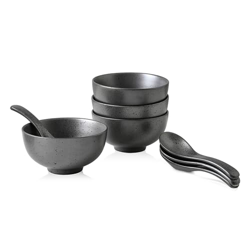 Stone lain Valencia Porcelain 8-Piece Round Bowl and Spoon Serving Set, Metallic Grey
