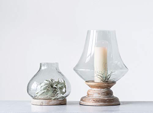Small Whitewashed Mango Wood & Clear Handblown Glass Hurricane