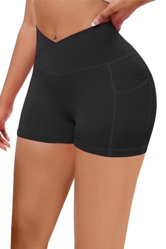 Vertvie Gym Shorts Women 3"/ 9" Crossover Biker Shorts High Waisted Spandex Workout Yoga Volleyball Booty Shorts with Pockets (9 inches,Dark Grey,Medium)