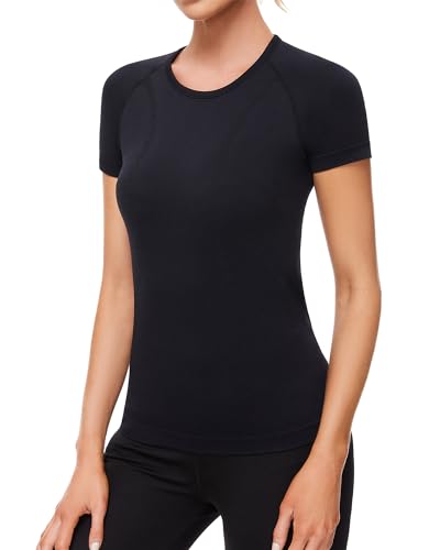 Womens Seamless Workout Tops Crewneck Athletic Shirts Summer Short Sleeve Breathable Yoga Gym Tees Black X-Small