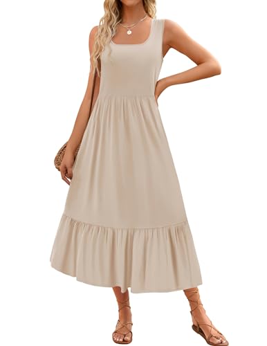 ZESICA Women's 2024 Summer Sleeveless Dress Square Neck Pleated Tiered Swing Maxi Dresses with Pockets,Apricot,Small