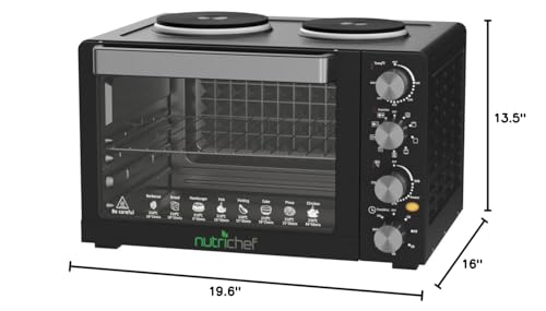NutriChef 30 Quart Kitchen Convection Oven & 2 Burner Cooker - 1500 Watt Oven - 7 Cook Functions Rotisserie, Cook, Bake, Broil & More - Includes Baking Tray, Skewers & Handles - 19.6 x 16.0 x 13.5 IN