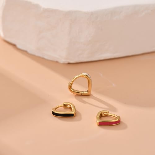 JINEAR 3 Pairs Heart Enamel Earrings for Women, 14K Gold Small Hoop Earrings Heart Enamel Earrings Dainty Heart Huggie Earring Gifts
