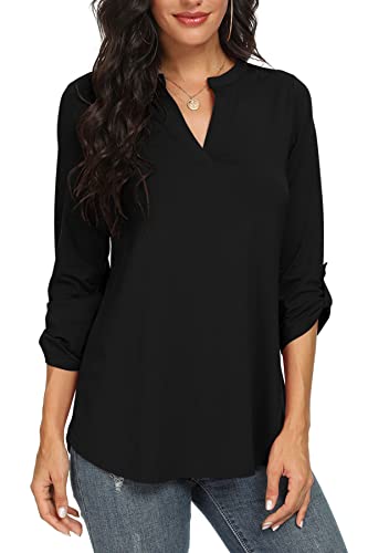 NILOUFO Womens Casual Summer Shirts Notch V Neck Blouses 3/4 Roll Sleeve Tops Tunics(Acid Blue, Medium)