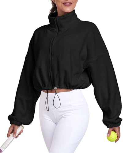 GRECERELLE Women's Sherpa Jacket Women Long Sleeve Winter Coats Full Zip Fleece Crop Jacket 2023 Black-M