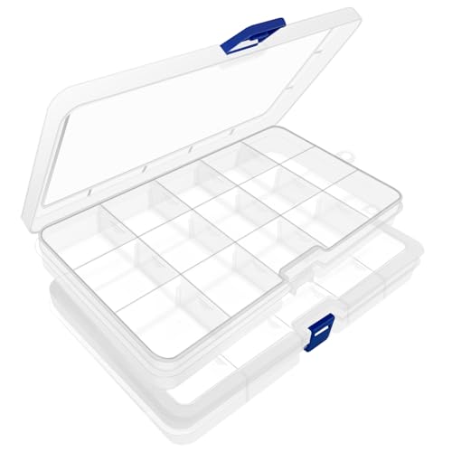 DUOFIRE Plastic Organizer Container Storage Box Adjustable Divider Removable Grid Compartment for Jewelry Beads Earring Container Tool Fishing Hook Small Accessories(15 grids,White x 2)