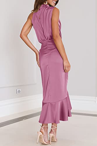 MITILLY Women's Satin Sleeveless Mock Neck Elastic Waist Bodycon Wrap Mermaid Hem Formal Cocktail Party Maxi Dress Small Dusty Rose
