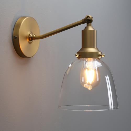 PERMO Industrial Vintage Slope Pole Wall Mount Single Sconce with 6.7" Oval Dome Clear Glass Shade Wall Sconce Light Lamp Fixture (Antique)