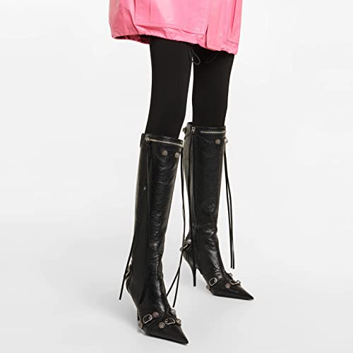 Kluolandi Women's Stiletto High Heel Knee High Boots with Tassel Pointy Toe Studded Zipper Booties Dress Shoes Black Size 11