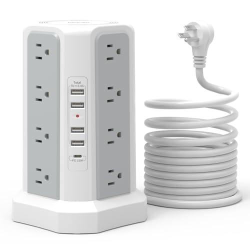 PD 18W USB C Power Strip Surge Protector Tower with 16 Outlets and 5 USB Ports, 6FT Extension Cord with Multiple Outlets, Fararaka Charging Station Home Office Essentials