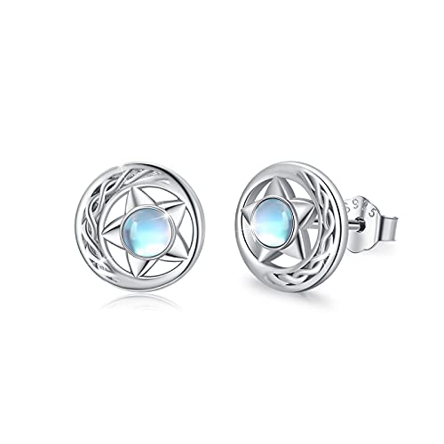 Moonstone Stud Earrings For Women, Sterling Silver Celtic Knot Pentacle Moon Star Hypoallergenic Earrings for Sensitive Ears 4mm Moonstone Jewelry Celtic Gift For Mother Friend