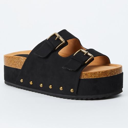 Yishaweiqi Women's Metallic Silver Platform Sandals Comfortable Cork Footbed Studded Flatform Sandals Adjustable Buckle Straps Flat Clogs Slide Sandals
