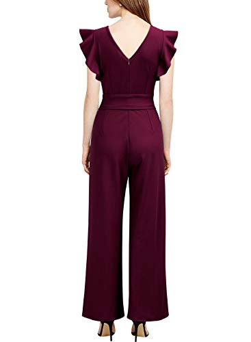 Knitee Women's Vintage Sleeveless Ruffle High Waist Wide Leg Romper Formal Long Jumpsuit with Belt (A-Burgundy, Small, s)