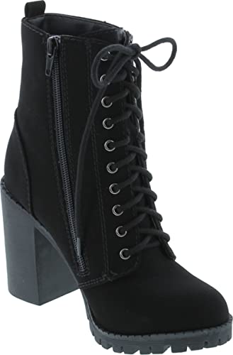 Soda Malia Round Toe Stacked Lug Heel Lace Up Ankle Booties (Black (PU), numeric_11)