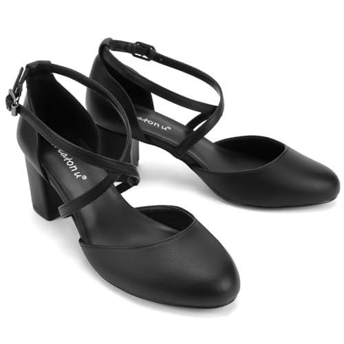 Greatonu Women's Nude Low Block Heeled Dress Pumps Closed Round Toe Cross Strap Wedding Bridal Party Office Shoes Size 6