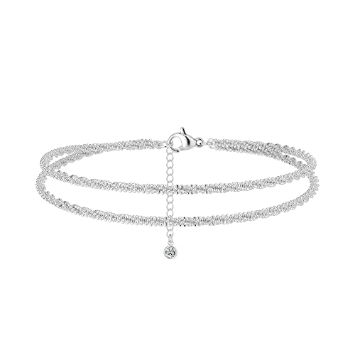 koperin Ankle Bracelets for Women, Silver Layered Glitter Waterproof Anklet for Women 14K Gold Plated Anklets Sterling Silver Layered Moon Pendant Anklet Summer Beach Waterproof Jewelry