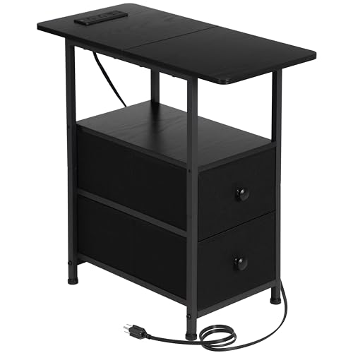 AMHANCIBLE Narrow Nightstand with Charging Station, Slim End Side Table with USB Ports and Outlets, Bedside Table with 2 Fabric Drawers for Bedroom, Living Room, Small Space, Black, HETN012BK-1