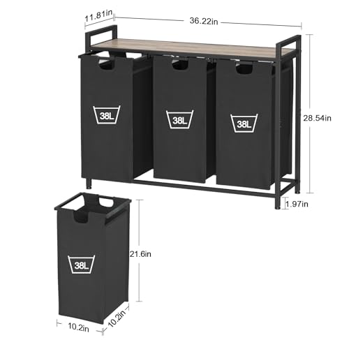 AMHANCIBLE Laundry Hamper with 3 Section, Laundry Basket with 3 Pull-Out and Removable Bags, Laundry Sorter with Shelf, Dirty Clothes Hamper for Laundry Room, Bathroom, 3 x 10 Gallons (38L) HLS03GY