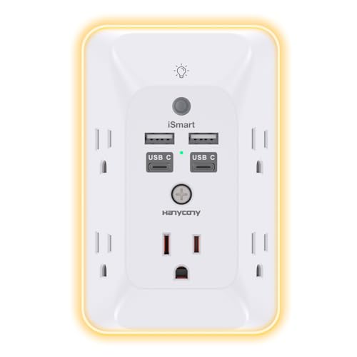 Multi Plug Outlet, Outlet Extender with 4 USB Ports (2 USB C) and Night Light, 1050J Surge Protector, Wall Mount, Outlet Splitter for Bathroom Kicthen Camper Dorm Room Essentials