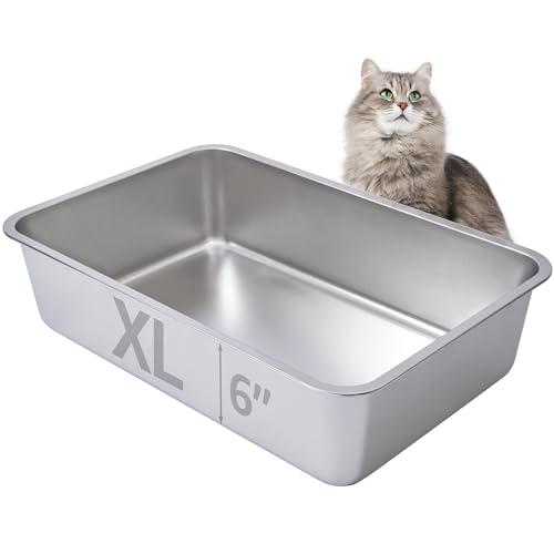 EGMEHOAD 6" Deep Stainless Steel Cat Litter Box XL Large Litter Box for Big Cats,Metal Litter Box High Sided,Easy Cleaning Metal Litter Pan Tray,Odor Proof,Non Stick,XL Stainless Steel Cat Litter Box