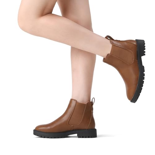DREAM PAIRS Women's Low Heel Chelsea Ankle Boots Fashion Slip On Elastic Fall Booties Shoes,Size 10,Brownish/Yellow/PU,DAB213