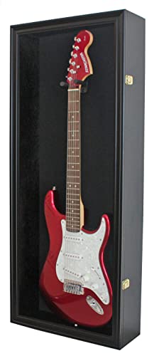 DisplayGifts 42" Electric Guitar Display Case Cabinet Shadow Box with Guitar Hanger Stand, Lockable UV Protection Black Felt Interior with Black Frame