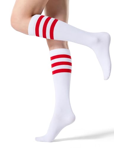 FITRELL Women's Knee High Socks Athletic Socks Stripe Tube Outdoor Sport Socks 1 Pack, White Red