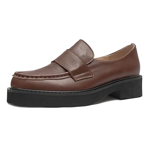 ONEENO Women's Platform Black Leather Loafer 5.5 M US