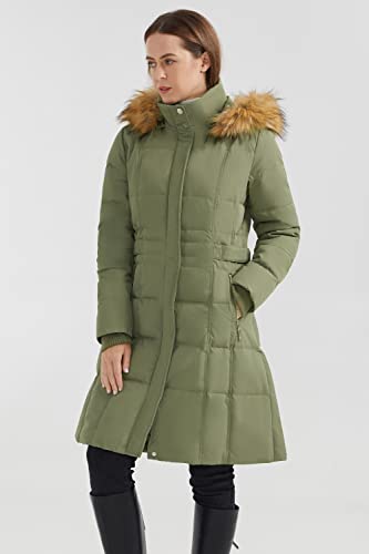 Orolay Quilted Down Jacket Women Winter Long Coat Puffer Jacket with Fur Hood ArmyGreen XS