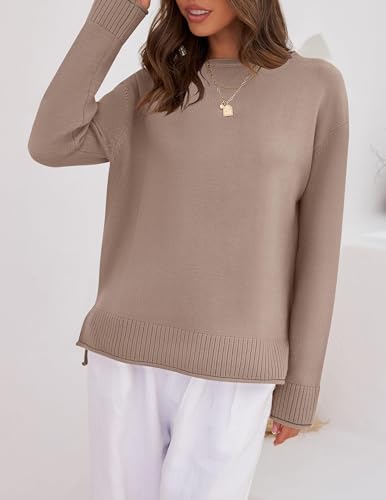 ZESICA Women's 2024 Fall Long Sleeve Crew Neck Soft Knit Side Slit Comfy Loose Pullover Sweater Jumper Tops,Nutmeg,Medium