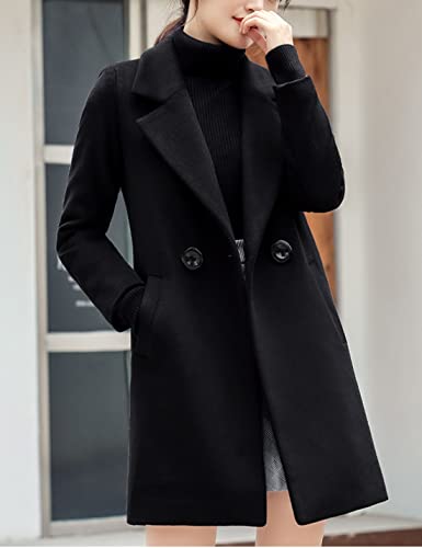 Tanming Womens Elegant Notched Collar Button Wool Blend Solid Long Pea Coat Overcoat (Black-S)