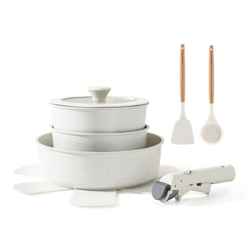 SENSARTE 17 Piece Ceramic Pots and Pans Set, Nonstick Detachable Handle Cookware, Induction Kitchen Cookware Set with Removable Handle, Dishwasher & Oven Safe, PFAS/PTFE/PFOA Free (Almond Beige)