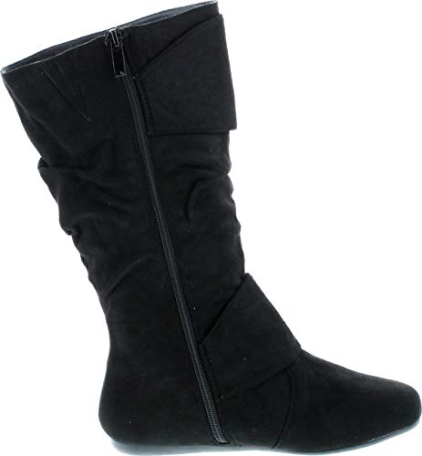 Forever Link Women's Klein-70 Closed Round Toe Buckle Slouch Flat Heel Mid-Calf Boot,Tan-bd,5.5