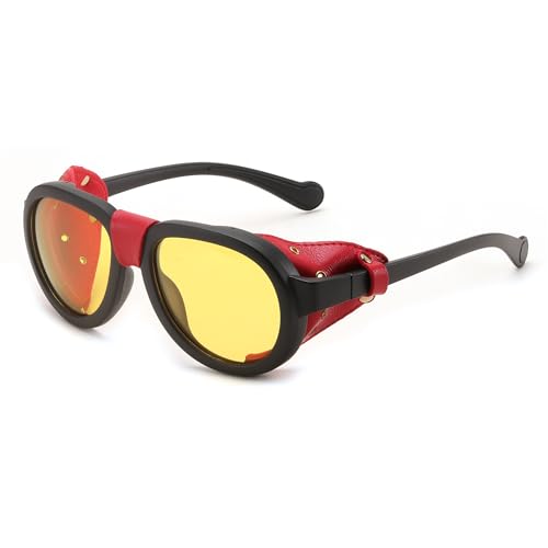 FEISEDY Steampunk Sunglasses Women Men,Polarized Yellow Lens, Retro Round Vintage Frame Leatherwear B0159